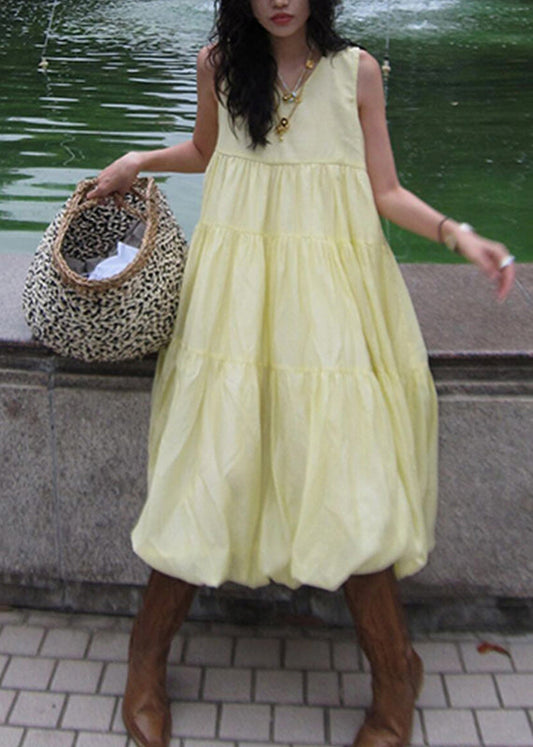 Organic Yellow O-Nec Patchwork Solid Long Holiday Dress Sleeveless