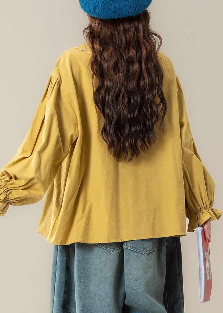 Organic Yellow Peter Pan Collar Patchwork Top Lantern Sleeve