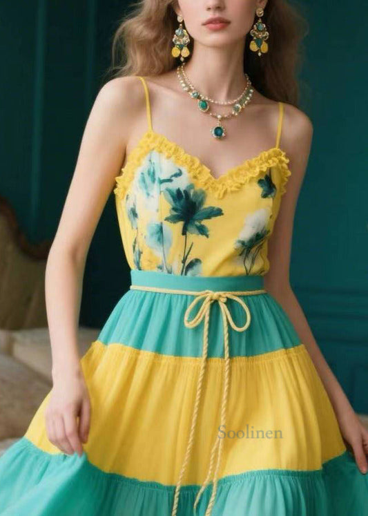 Organic Yellow Ruffled Patchwork Chiffon Spaghetti Strap Dress Summer