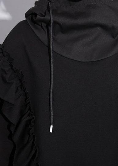 Organic black hooded cotton clothes ruffles long fall Dress - SooLinen