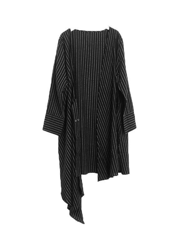 Organic black striped cotton Long Shirts v neck asymmetric Maxi Dresses - SooLinen