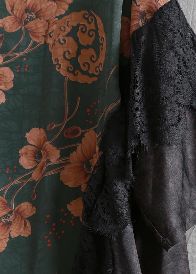 Organic blackish green print Robes o neck patchwork long Dresses - SooLinen