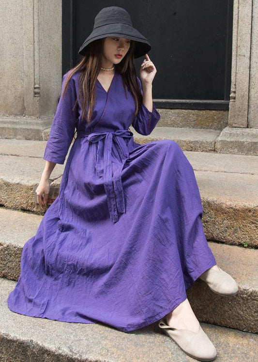 Organic bracelet sleeved linen clothes For Women Shape dark purple v neck Dress - SooLinen