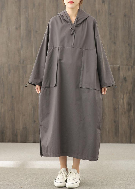 Organic gray tunics for women hooded side open Dress - SooLinen