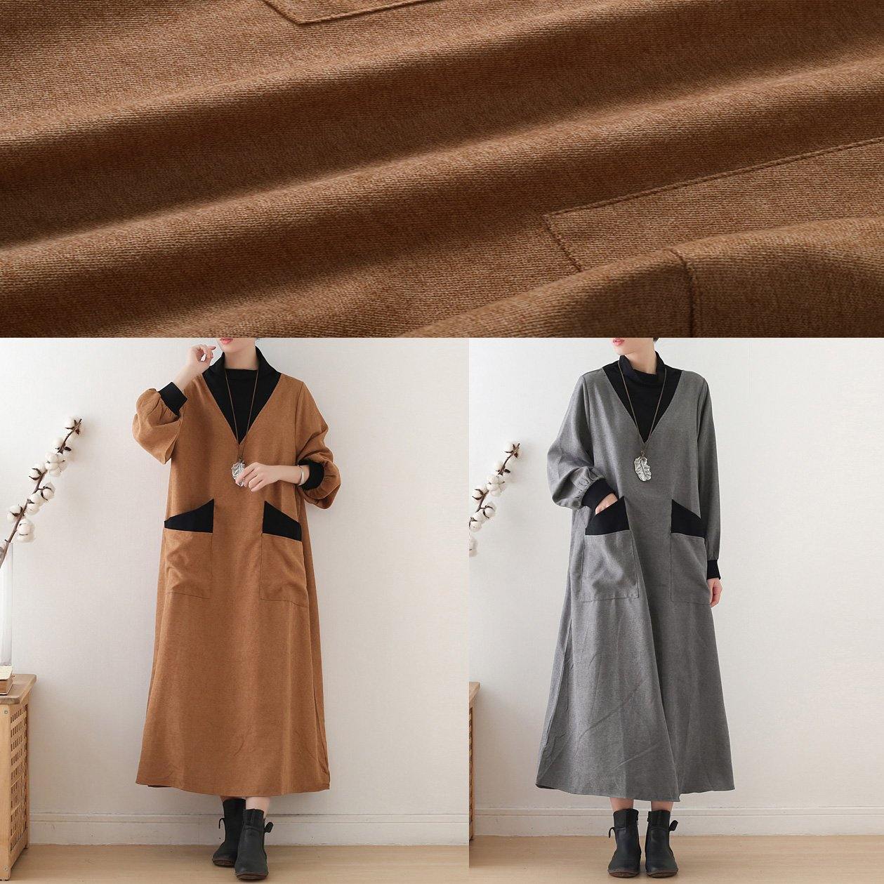 Organic high neck patchwork cotton dresses Work Outfits yellow A Line Dresses fall - SooLinen