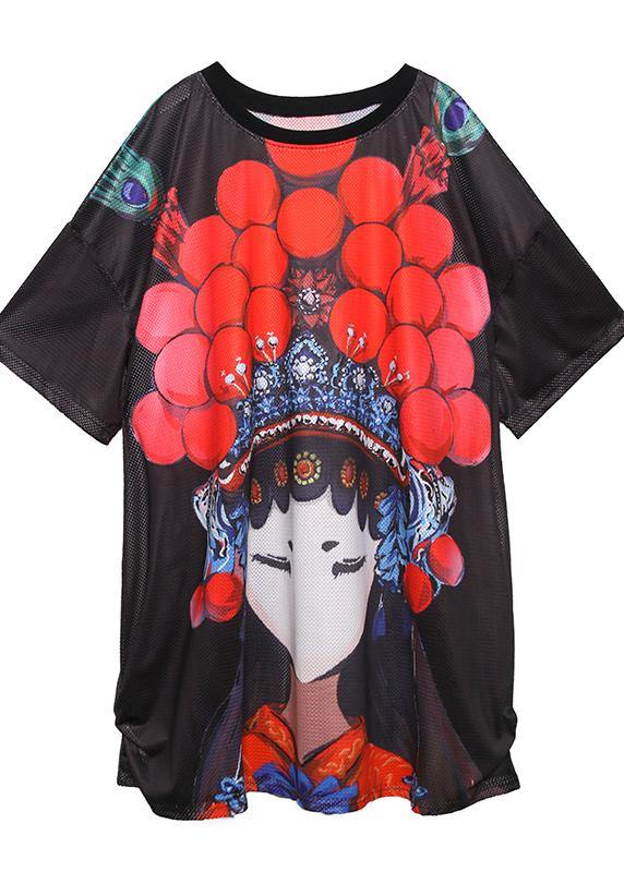 Organic o neck baggy dresses Neckline black print Dress - SooLinen