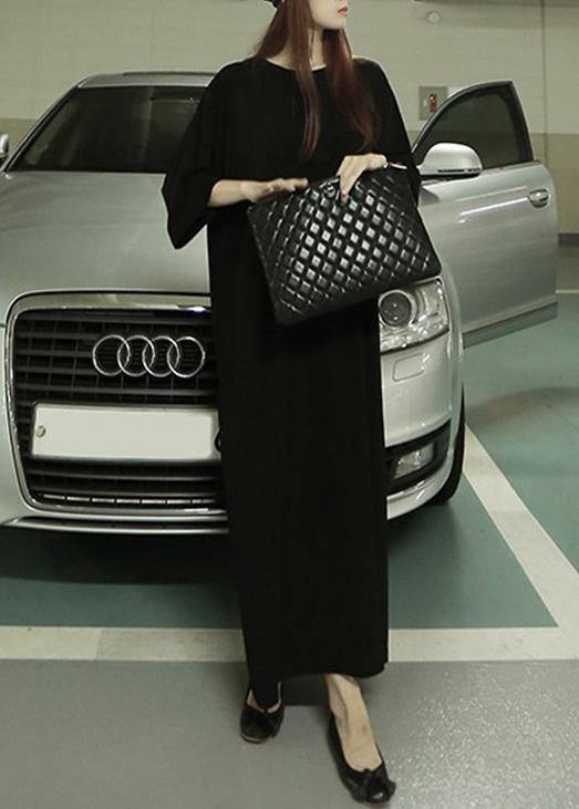 Organic o neck half sleeve cotton summer dresses Tutorials black robes Dress - SooLinen