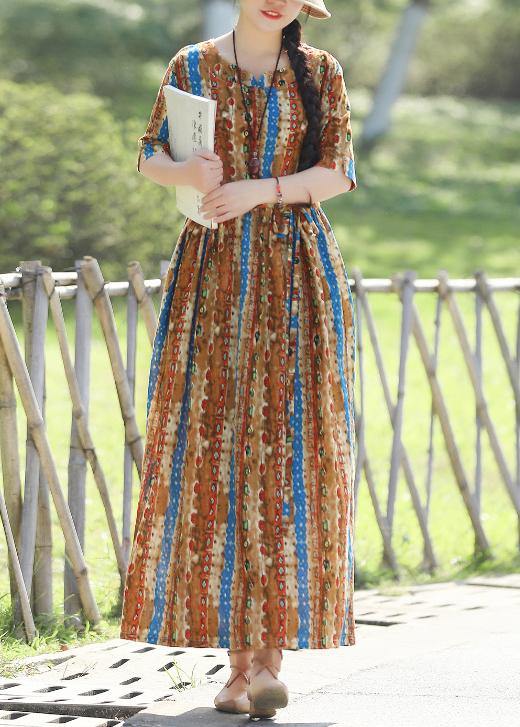 Organic prints cotton linen quilting dresses Shape yellow Kaftan Dresses summer - SooLinen