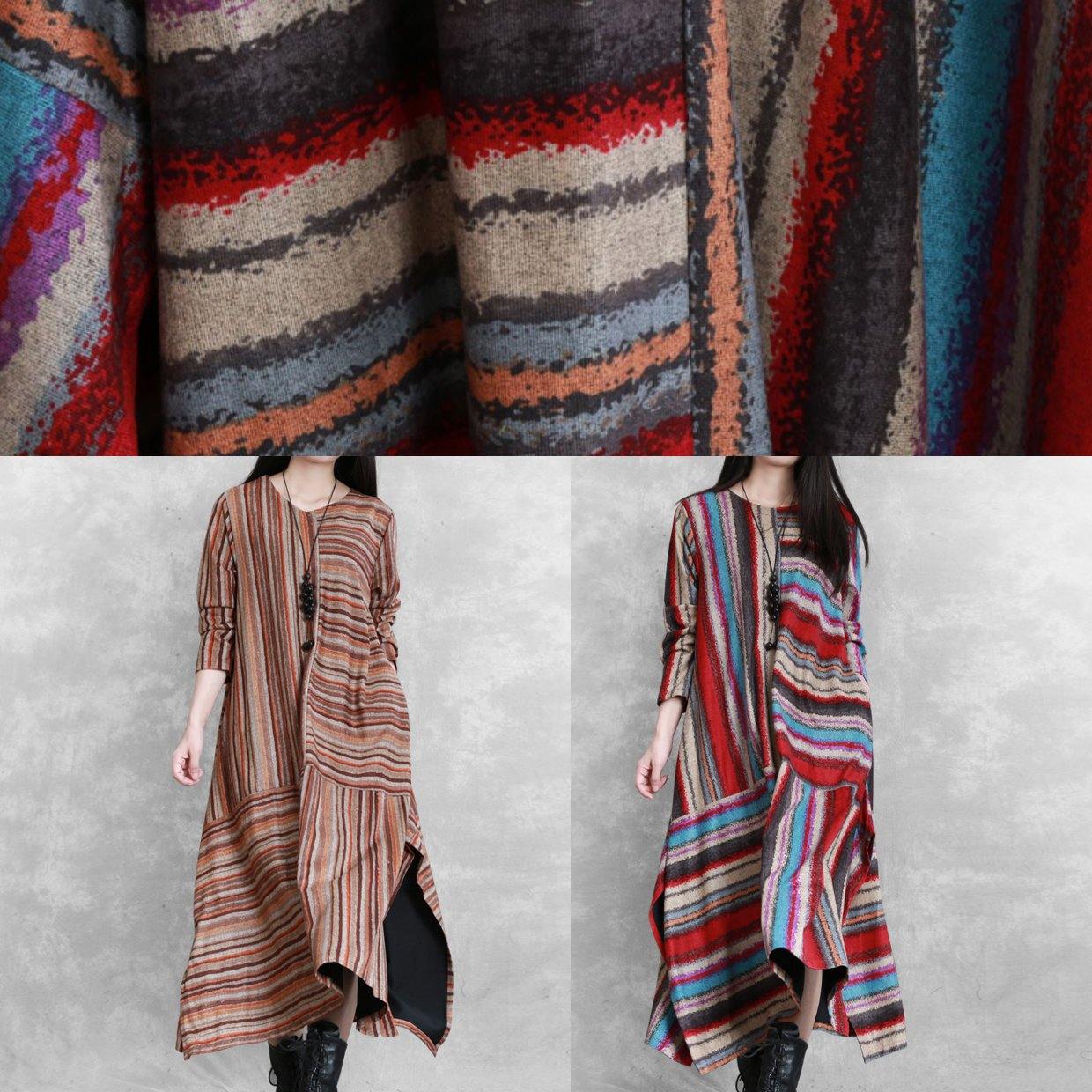 Organic red striped linen cotton clothes For Women side open Plus Size Clothing patchwork Dress - SooLinen