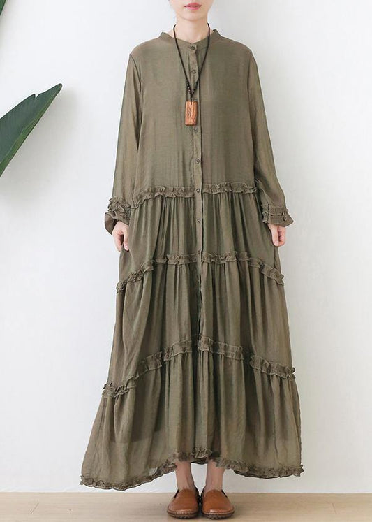 Organic stand collar Cinched outfit Tutorials army green Dresses - SooLinen