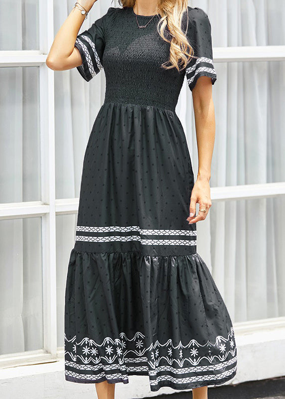 Original Black O Neck Print Dot Cotton Long Dresses Summer