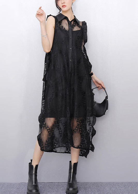 Original Black Peter Pan Collar Hollow Out Lace Maxi Dress Summer