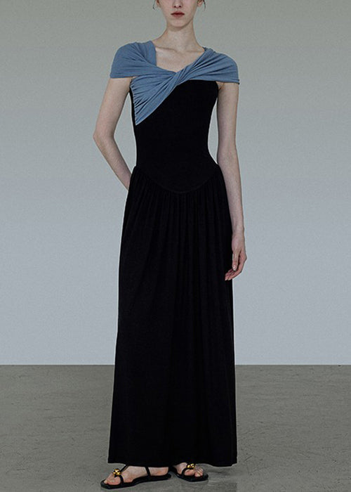 Original Black Slash Neck Wrinkled Patchwork Cotton Long Dress Summer