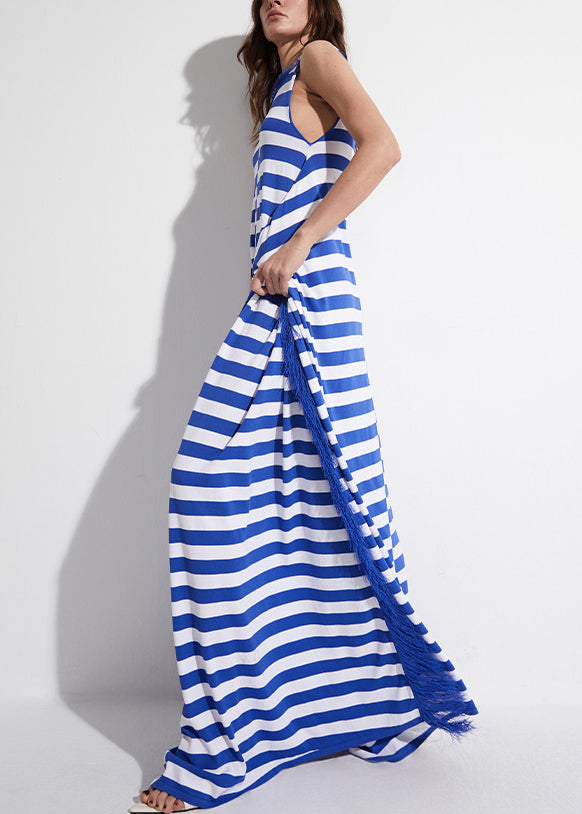 Original Blue Striped Tasseled Knit Robe Dresses Sleeveless