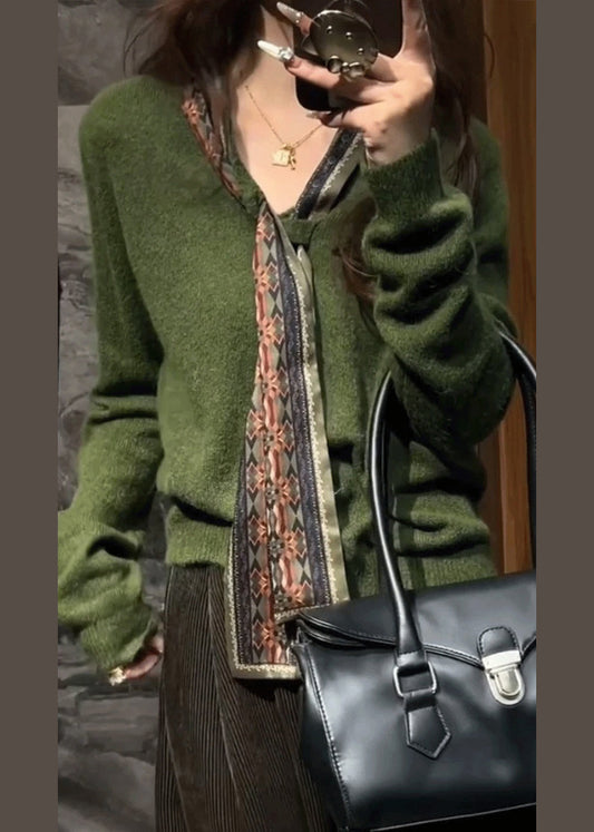 Original Ddesign Green Bow Solid Knit Sweater Tops Fall