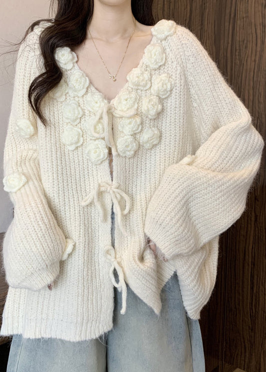 Original Design Apricot Floral Solid Cotton Knit Cardigan