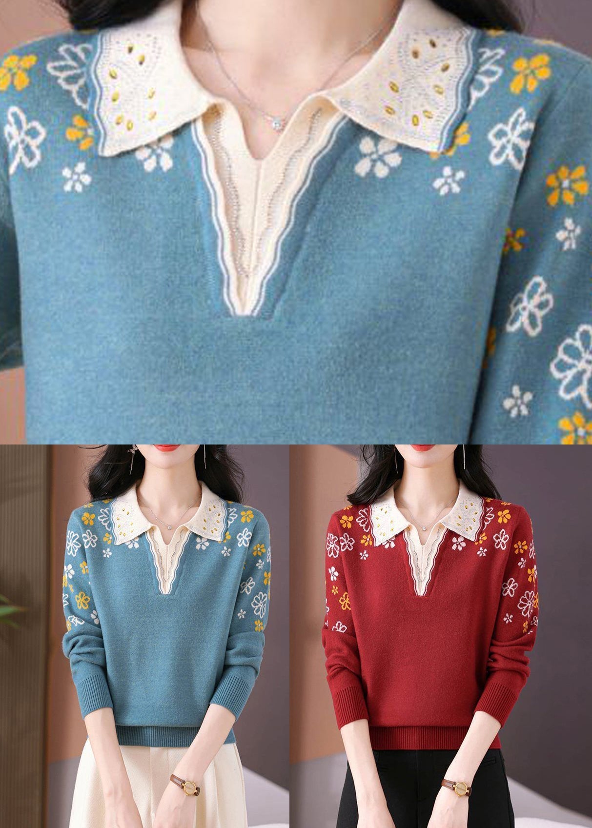 Original Design Blue Print Nail Bead Warm Cotton Knit Sweater Top Fall