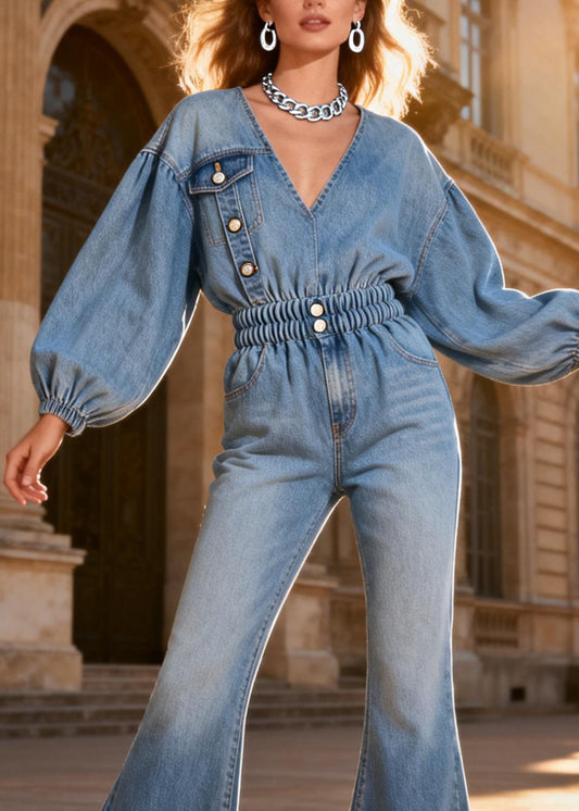 Original Design Blue V Neck Patchwork Denim Jumpsuit Spring