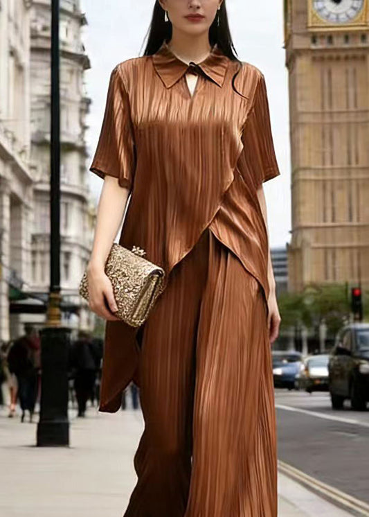 Original Design Coffee Asymmetrical Design Silk Two Pieces Set Summer