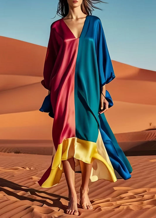 Original Design Colorblock Asymmetrical Patchwork Silk Vacation Dresses Spring