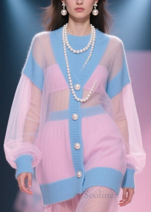 Original Design Colorblock O Neck Tulle Patchwork Knit Dress Fall