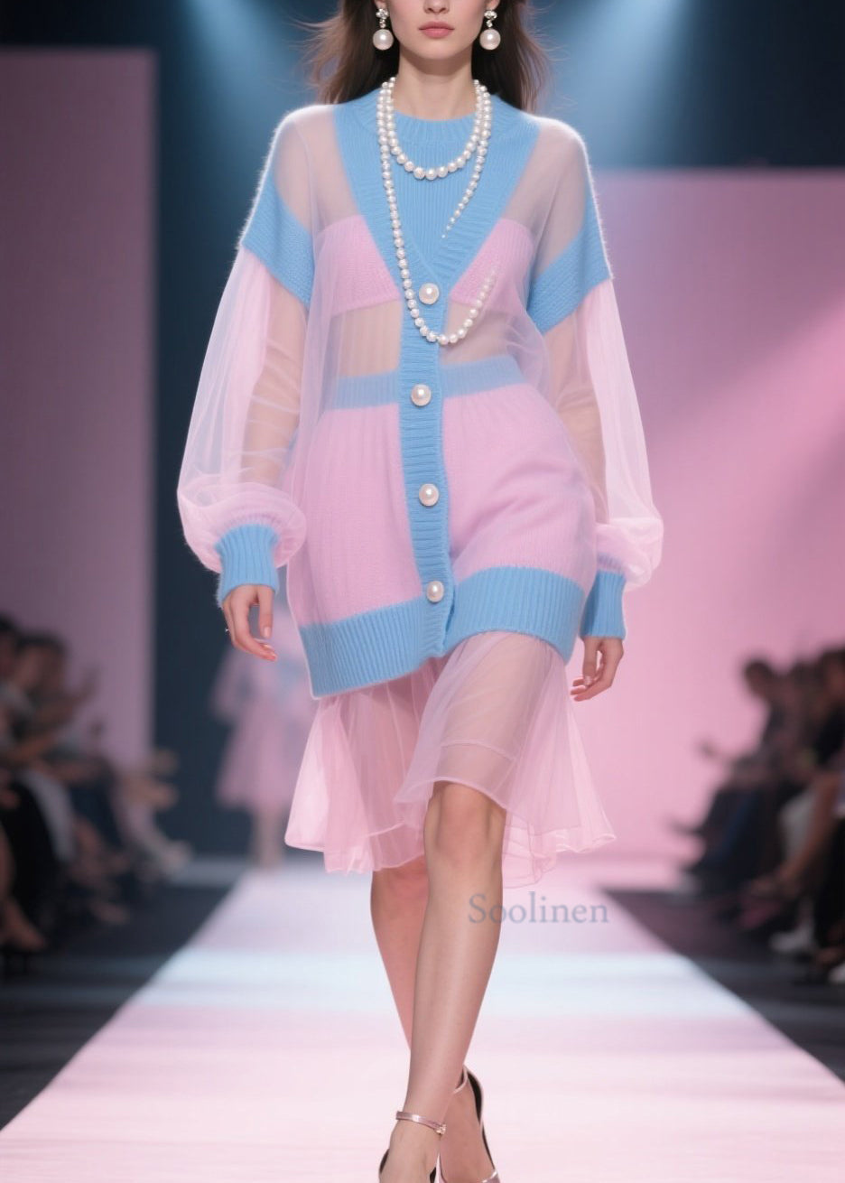 Original Design Colorblock O Neck Tulle Patchwork Knit Dress Fall