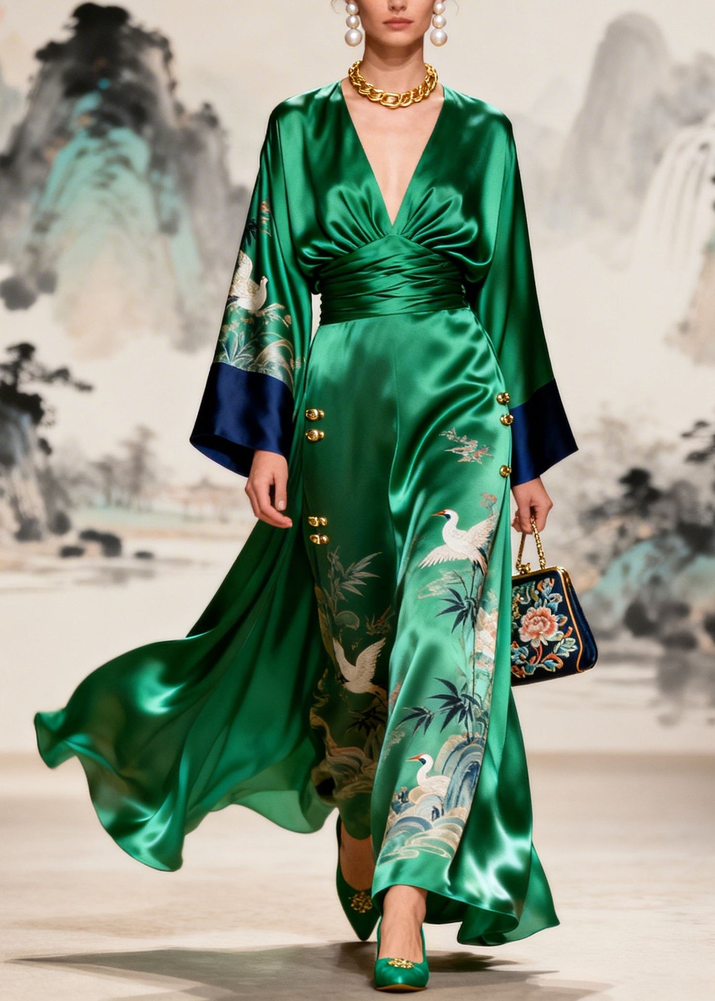 Original Design Green V Neck Print Silk Dresses Long Sleeve