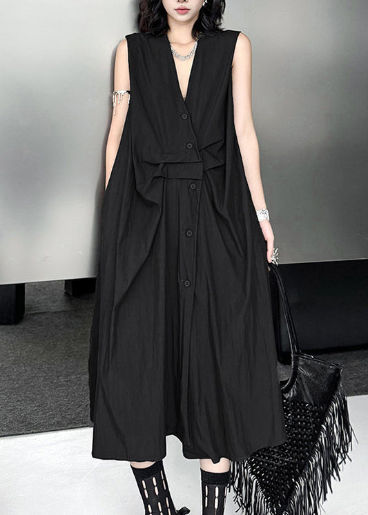 Original Design Grey V Neck Button Cotton Dress Sleeveless