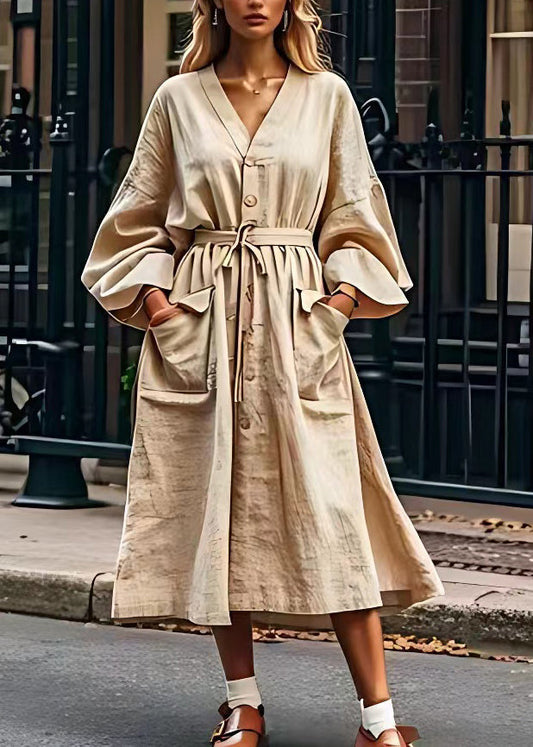 Original Design Loose Apricot V Neck Pockets Cotton Dresses Long Sleeve