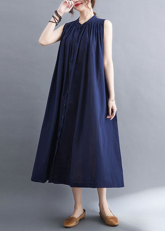 Original Design Navy O-Neck Button Cotton Maxi Dress Sleeveless