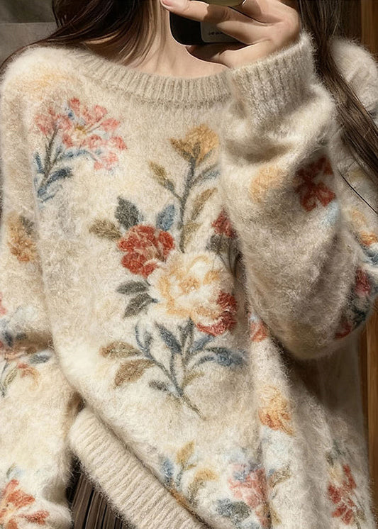 Original Design O Neck Thick Floral Knit Pullover Winter