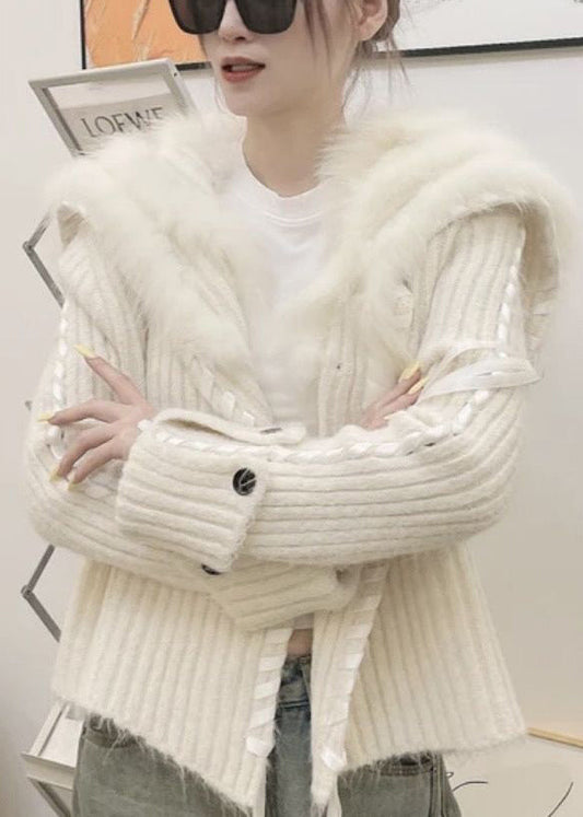 Original Design Pink Fox Collar Button Patchwork Knit Cardigan Fall