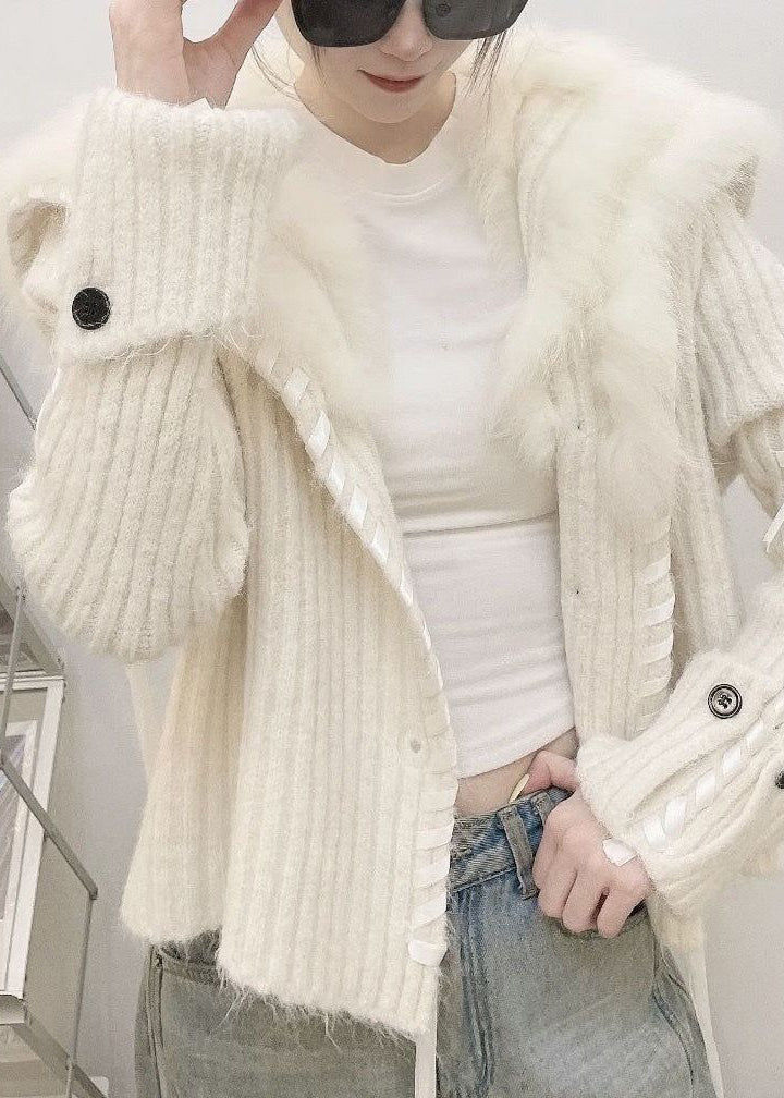 Original Design Pink Fox Collar Button Patchwork Knit Cardigan Fall