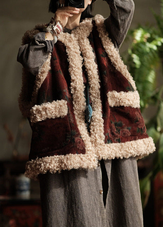Original Design Pockets Faux Fur Patchwork Corduroy Fine Cotton Filled Vest Winter
