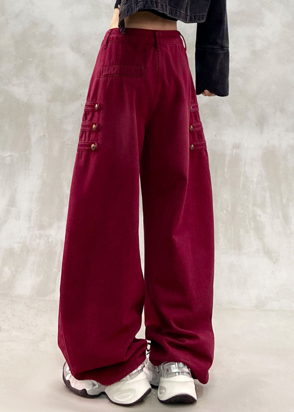 Original Design Red Patchwork Draping High Waist Wide Leg Jeans Fall