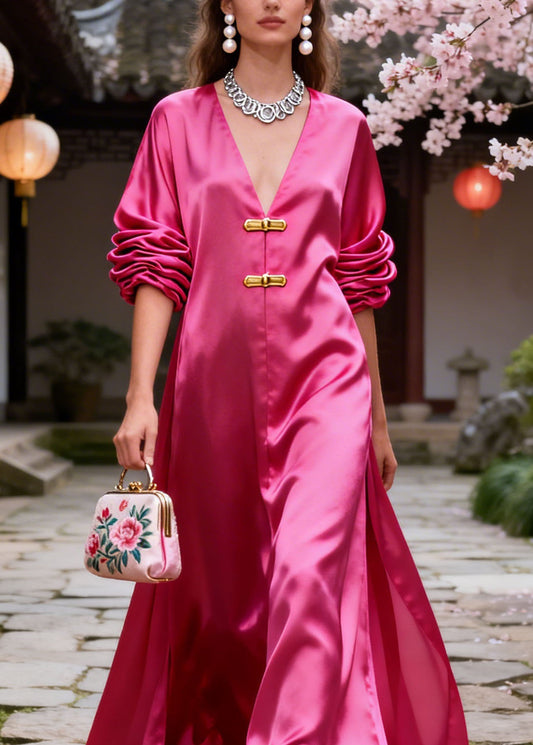 Original Design Rose V Neck Silk Long Dresses Summer