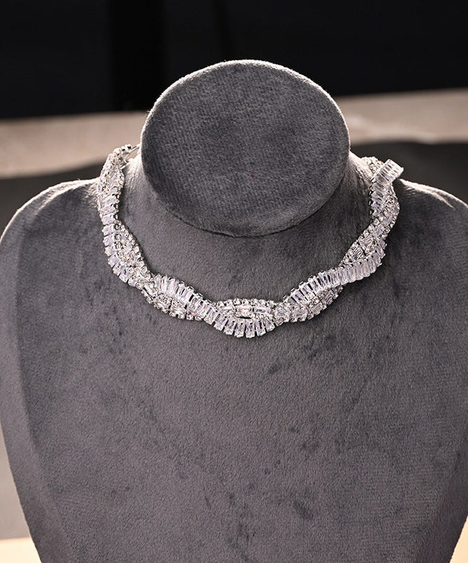 Original Design Silvery Zircon Crossover Design Collar Necklace