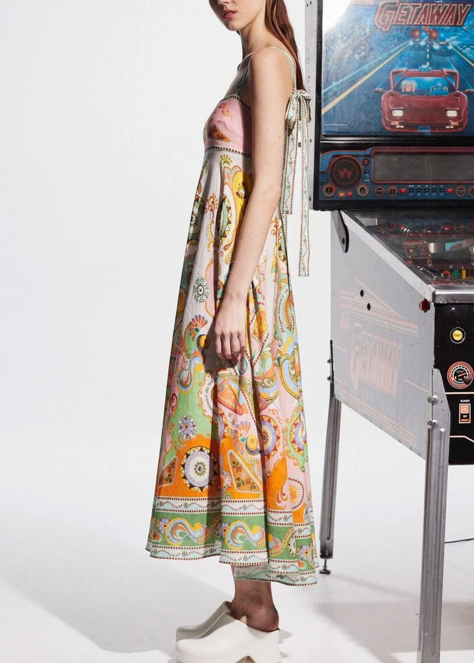 Original Design Slash Neck Print Long Spaghetti Strap Dresses Sleeveless