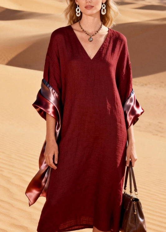 Original Design V Neck Silk Patchwork Linen Dress Summer