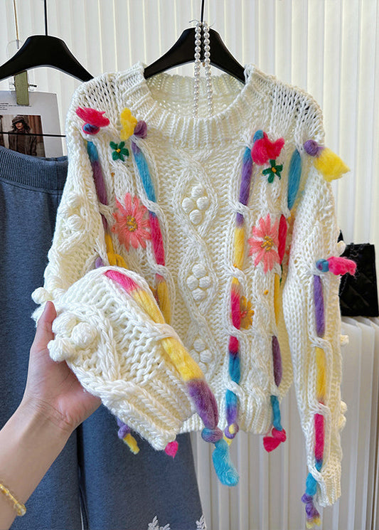 Original Design White Embroidered Cable Knit Sweaters Winter