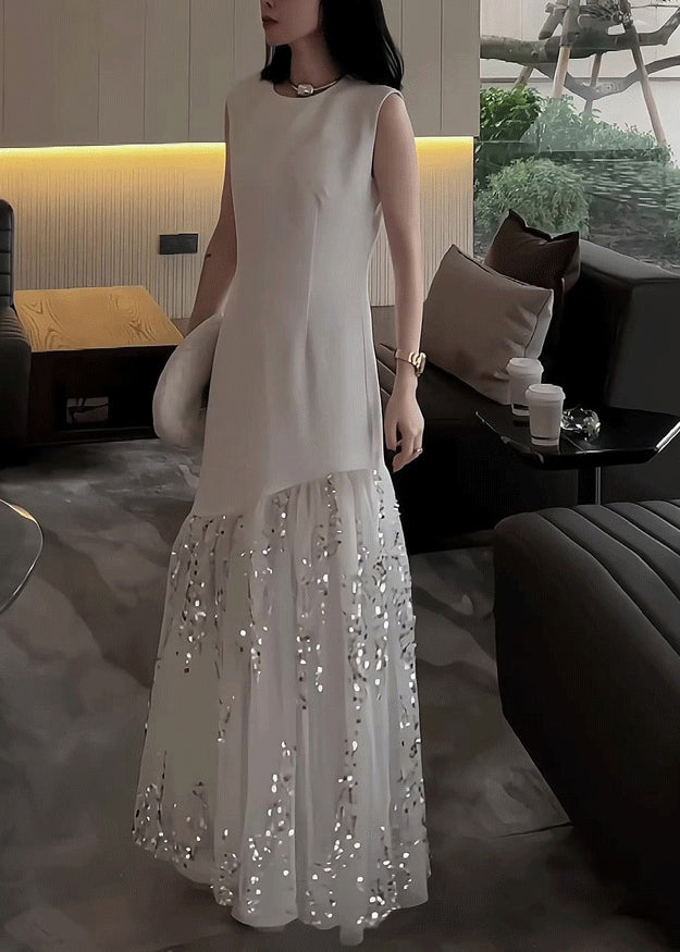 Original Design White Long Dress Summer Tulle Patchwork