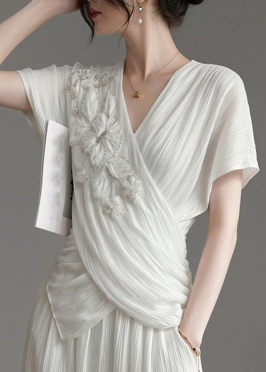 Original Design White V Neck Nail Bead Tops Summer