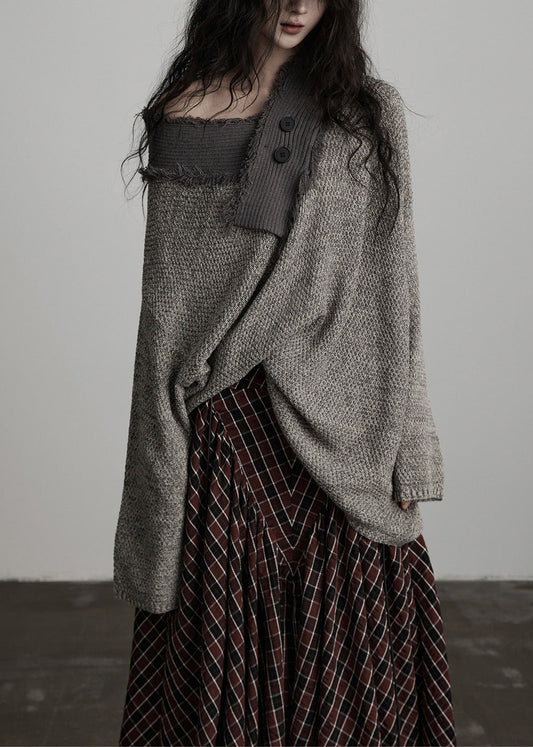 Original Design Winter Irregular Large Collar Light Grey Knitted Sweater