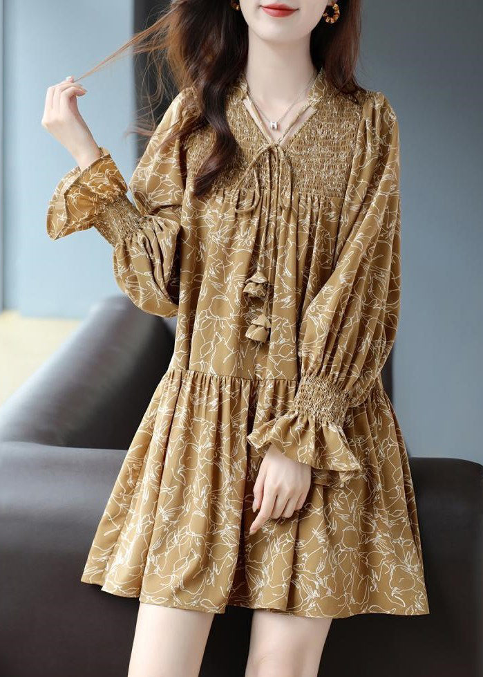 Original Design Yellow Wrinkled Print Tie Lace Mid Dress Flare Sleeve