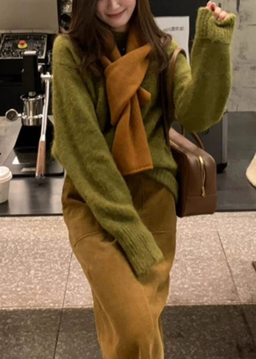 Original Green Cozy Knit Sweaters And Coffee Skirts Two Pieces Set Winter