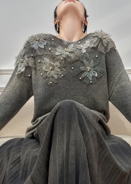 Original Grey O Neck Floral Pearl Knit Cardigan Winter