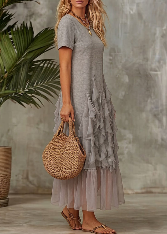 Original Grey Ruffled Tulle Patchwork T Shirt Dress Summer