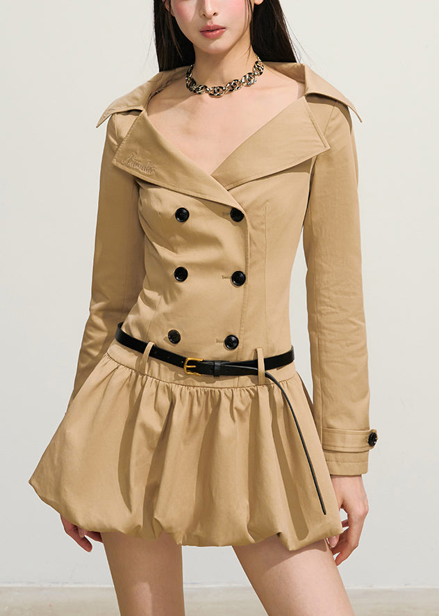 Original Khaki Double Breast Sashes Cotton Mini Dresses Fall