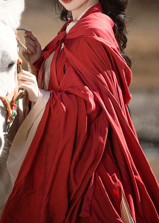 Original Loose Red Hooded Lace Up Cotton Cape Spring