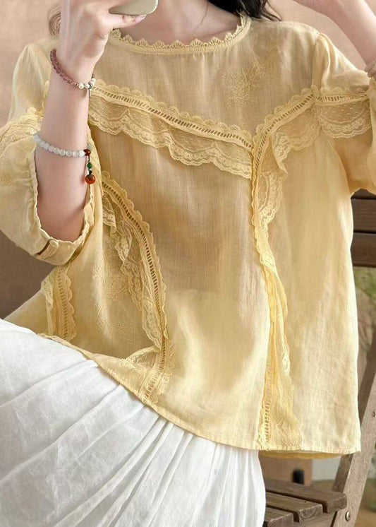 Original Pink Embroidered lace Patchwork Linen Shirts Fall